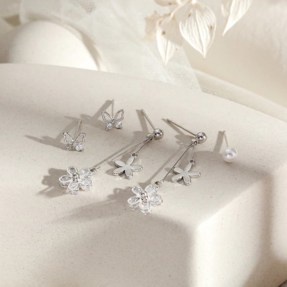 [3 Pairs] 925 Sterling Silver Flower Earrings Q - Picture 6 of 7